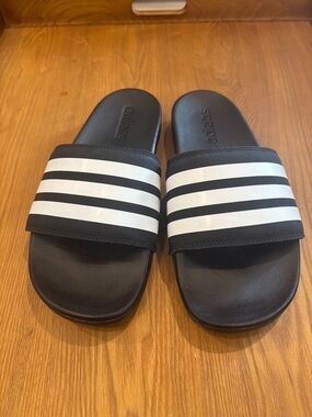 Adidas Black Slides with White Three-Stripe Strap size 7